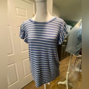 Blue and white striped tank with flutter ruffle sleeves